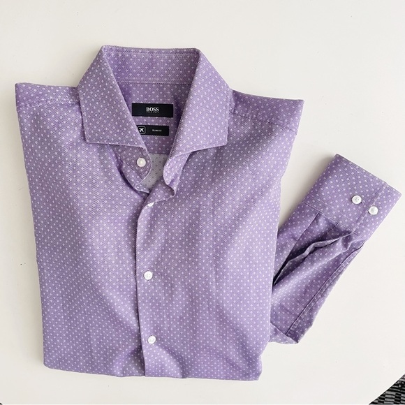 Hugo Boss Men’s Slim Fit Geometric Print Dress Shirt Purple Neck 15.5” - Picture 1 of 9